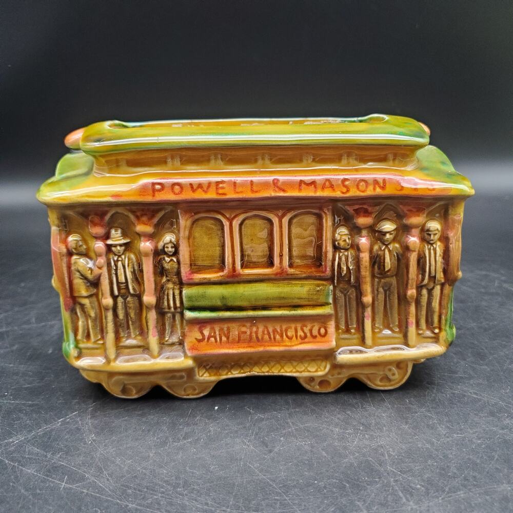 Vintage Ceramic Cable Car Trolley Planter Green Brown Gold Glaze